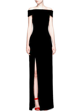 2024款韩版大码女装莫代尔修身连衣裙一字领露肩性感开叉礼服长裙