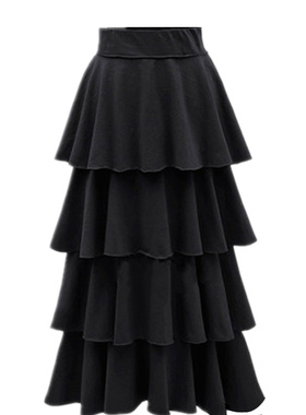 2024夏款韩版长款及踝半身裙高腰蛋糕裙层层长裙清新纯色松紧腰