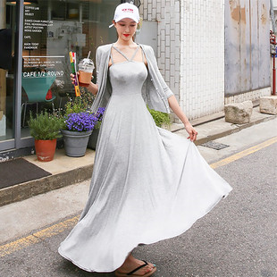 2024春夏新款韩版莫代尔女装长款连衣裙大码两件套开衫吊带长裙女