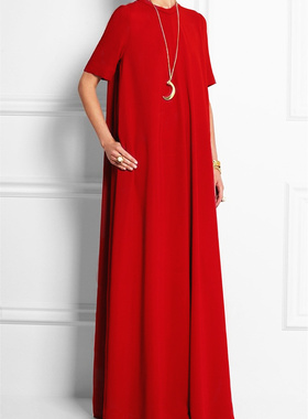 新款韩版大码女装长款连衣裙圆领短袖宽松大摆休闲显瘦长裙气质