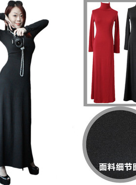 2025春季新款韩版女装长款连衣裙高领修身长袖大摆长裙气质打底裙