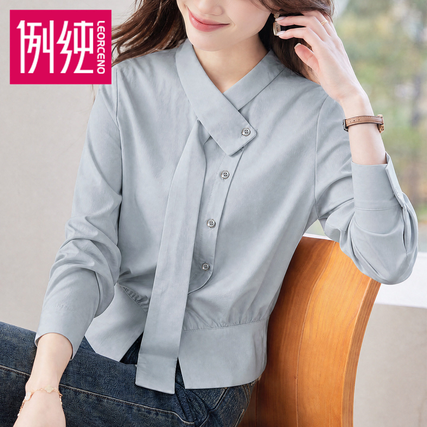 领巾轻熟风短款休闲宽松女式白衬衫衬衣女长袖秋款高级感高智小众