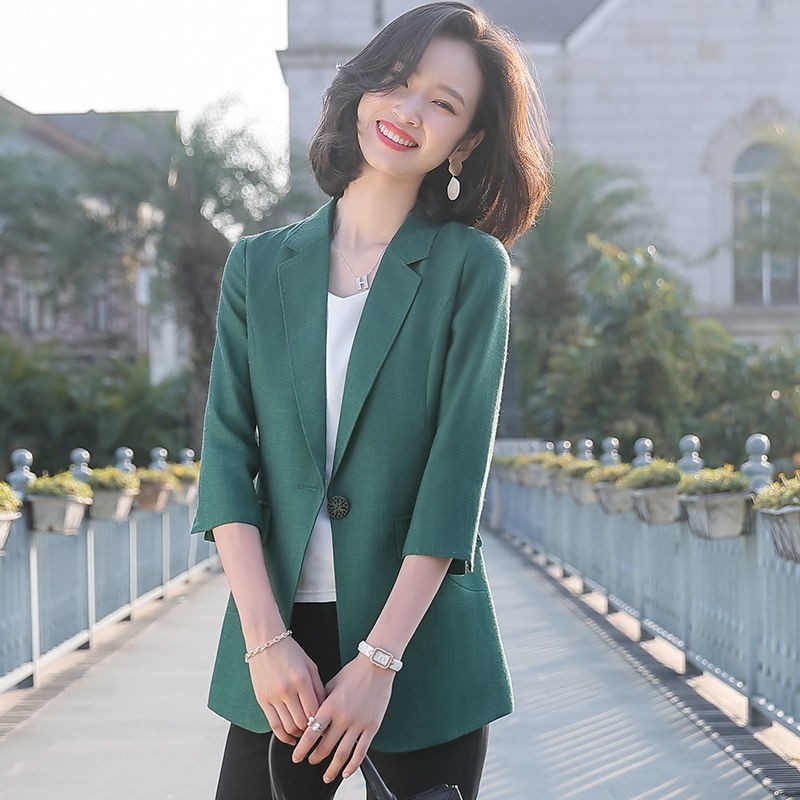 清仓夏季薄款棉麻小西装外套女百搭七分袖亚麻小西服女士休闲绿色