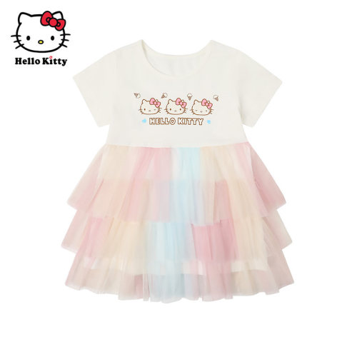 Hello Kitty童装女童春短袖网纱连衣裙洋装公主裙子