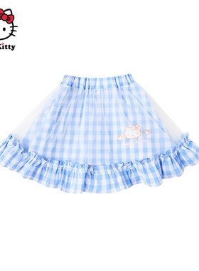 Hello Kitty凯蒂猫格子裙半身裙夏季女童可爱荷叶边网纱裙子