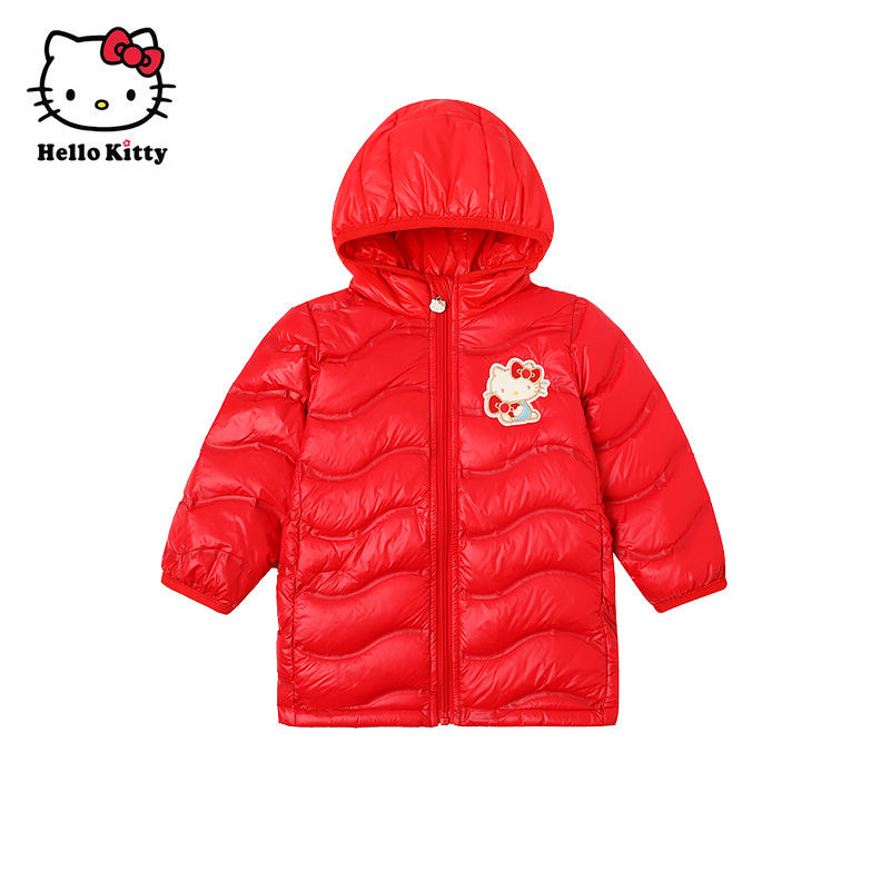 Hello Kitty童装女童冬连帽外套白鸭绒长款轻薄羽绒服