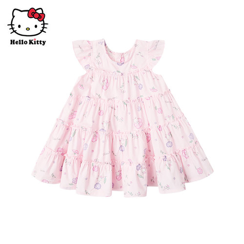 Hello Kitty甜美小飞袖碎花纯棉连衣裙女童夏季洋装裙子