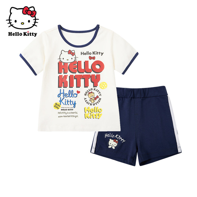 Hello Kitty女童卡通印花棉质圆领短袖短裤夏季儿童休闲套装