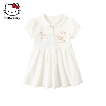 Hello Kitty凯蒂猫女童棉连衣裙夏季白色短袖洋气休闲裙子