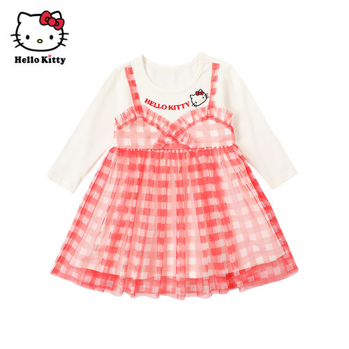 Hello Kitty童装春女童假两件网纱连衣裙长袖洋装裙子