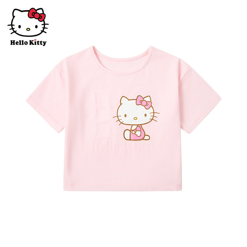 Hello Kitty凯蒂猫女童卡通印花夏季棉圆领短袖T恤可爱风上衣图片