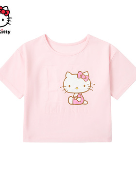 Hello Kitty凯蒂猫女童卡通印花夏季棉圆领短袖T恤可爱风上衣