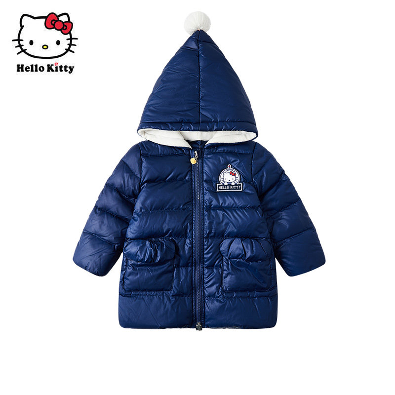 Hello Kitty童装女童冬连帽外套白鸭绒长款羽绒服羽绒外套