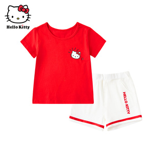 hello kitty童装女童夏款纯棉短袖T恤短裤套装儿童休闲两件