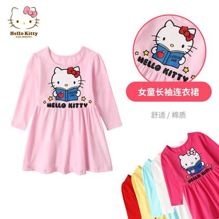 Hello Kitty春女童棉长袖小洋装百褶裙子公主连衣裙