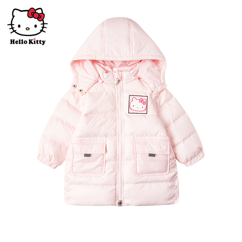 Hello Kitty女童冬保暖连帽外套白鸭绒长款羽绒服羽绒外套
