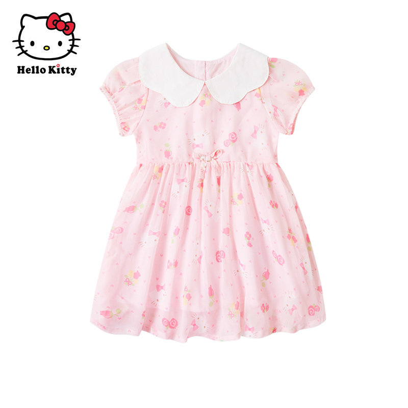 Hello Kitty童装女童夏款连衣裙短袖雪纺公主裙子洋装