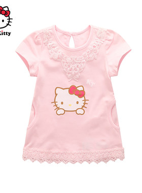 Hello Kitty女童短袖韩版连衣裙小童纯棉公主裙子蕾丝裙洋装
