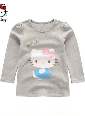 清仓Hello Kitty女童长袖圆领长款T恤泡泡袖棉打底衫春秋长上衣
