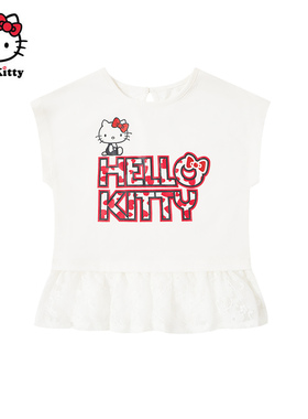 Hello Kitty凯蒂猫卡通印花夏季短袖T恤女童白色可爱风棉质长上衣
