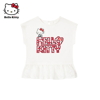 Hello Kitty凯蒂猫卡通印花夏季短袖T恤女童白色可爱风棉质长上衣