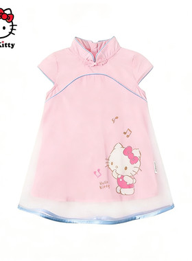 Hello Kitty童装女童夏中国风旗袍短袖网纱连衣裙裙子唐装
