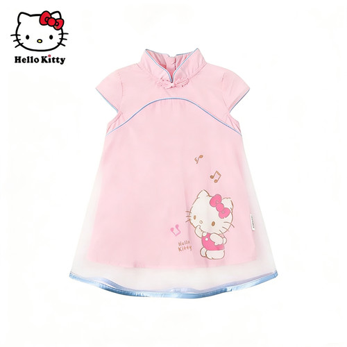 Hello Kitty童装女童夏中国风旗袍短袖网纱连衣裙裙子唐装