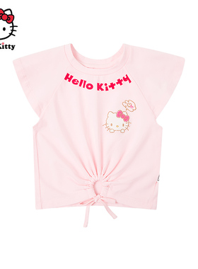 Hello Kitty凯蒂猫夏季棉质卡通T恤女童短袖绑带下摆休闲上衣