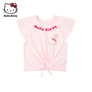 Hello Kitty凯蒂猫夏季棉质卡通T恤女童短袖绑带下摆休闲上衣