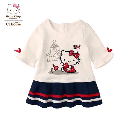 Hello Kitty凯蒂猫女童春季纯棉连衣裙可爱卡通七分袖洋气裙子