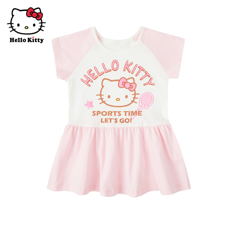 Hello Kitty童装女童夏短袖棉连衣裙洋装休闲裙子百褶裙