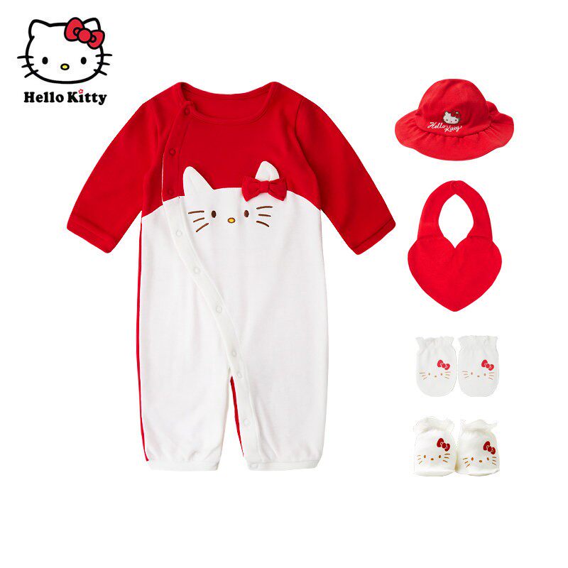 Hello Kitty凯蒂猫婴儿春秋纯棉爬服连体衣帽子围兜手包脚包送礼