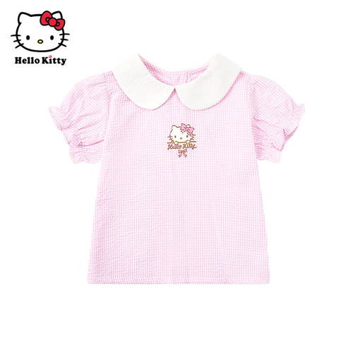 Hello Kitty童装女童夏款短袖T恤格子上衣儿童可爱娃娃衫
