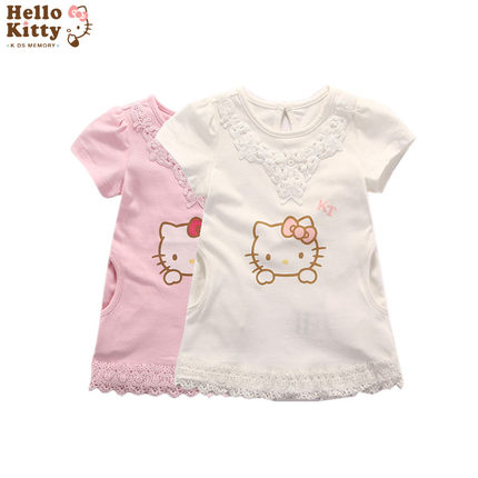 Hello Kitty女童短袖韩版连衣裙小童纯棉公主裙子蕾丝裙洋装