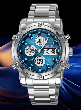 UMS跨境热销男士手表钢带夜光防水多功能双机芯腕表现货批发工厂