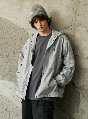 LAPRIMA  LAP PLAID JACKET 时尚拉链侧袋格纹连帽夹克衬衣宽松秋