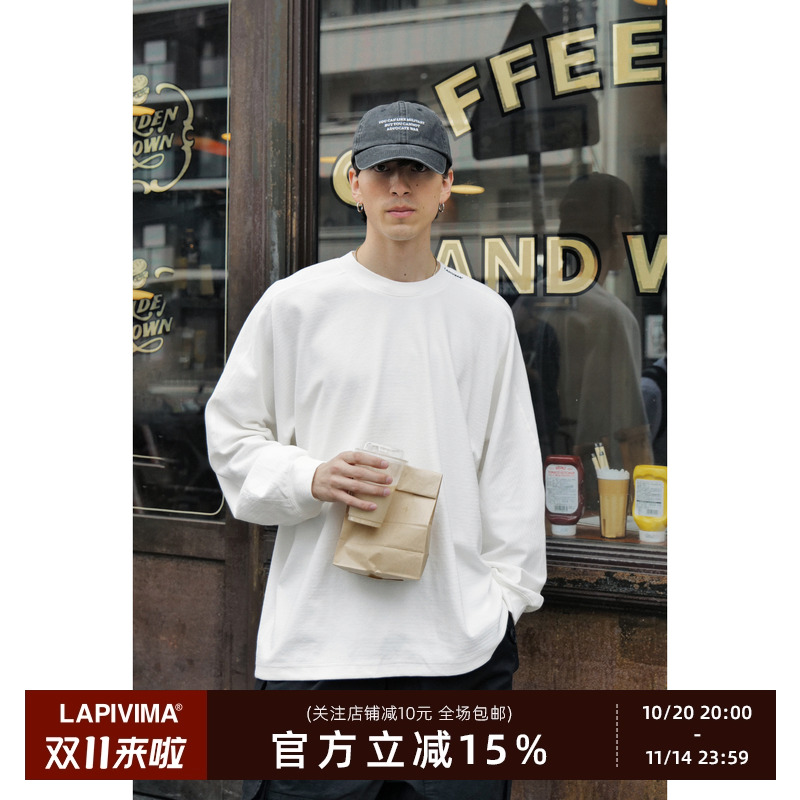 LAPIVIMA CITY BOY小领口长袖T恤刺绣垂感内搭外穿纯色TEE