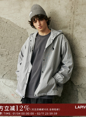 LAPRIMA  LAP PLAID JACKET 时尚拉链侧袋格纹连帽夹克衬衣宽松秋