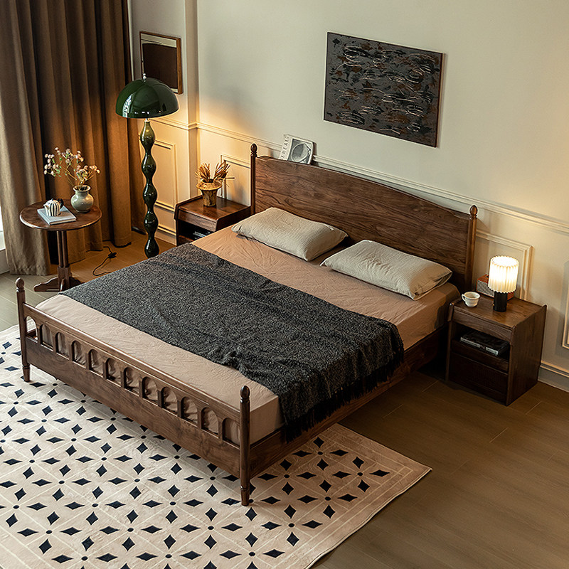 北欧黑胡桃木实木床复古美式樱桃木双人床1.8米主卧婚床原木大床