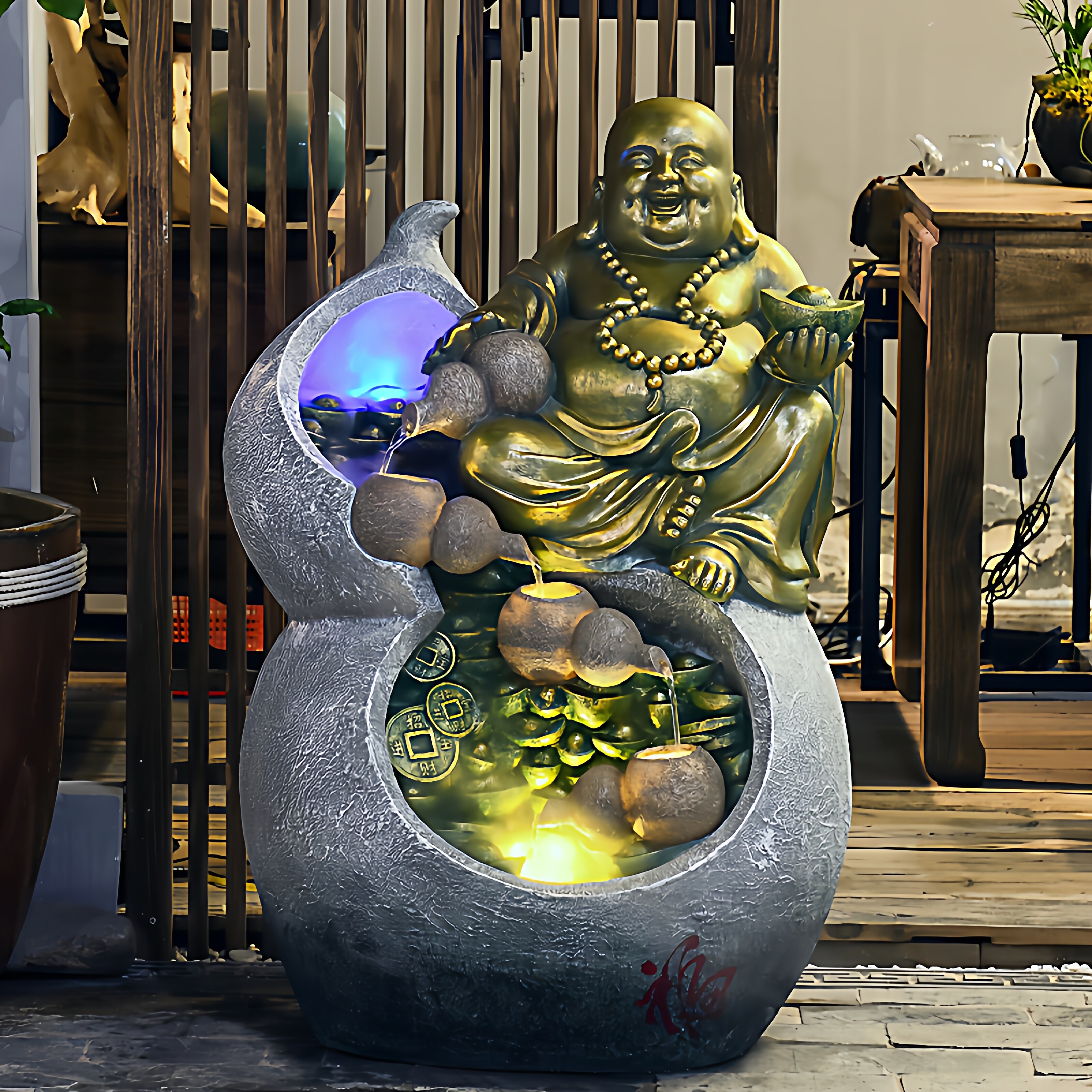 招财葫芦大肚弥勒佛新居客厅玄关装饰循环流水加湿器摆件开业礼品