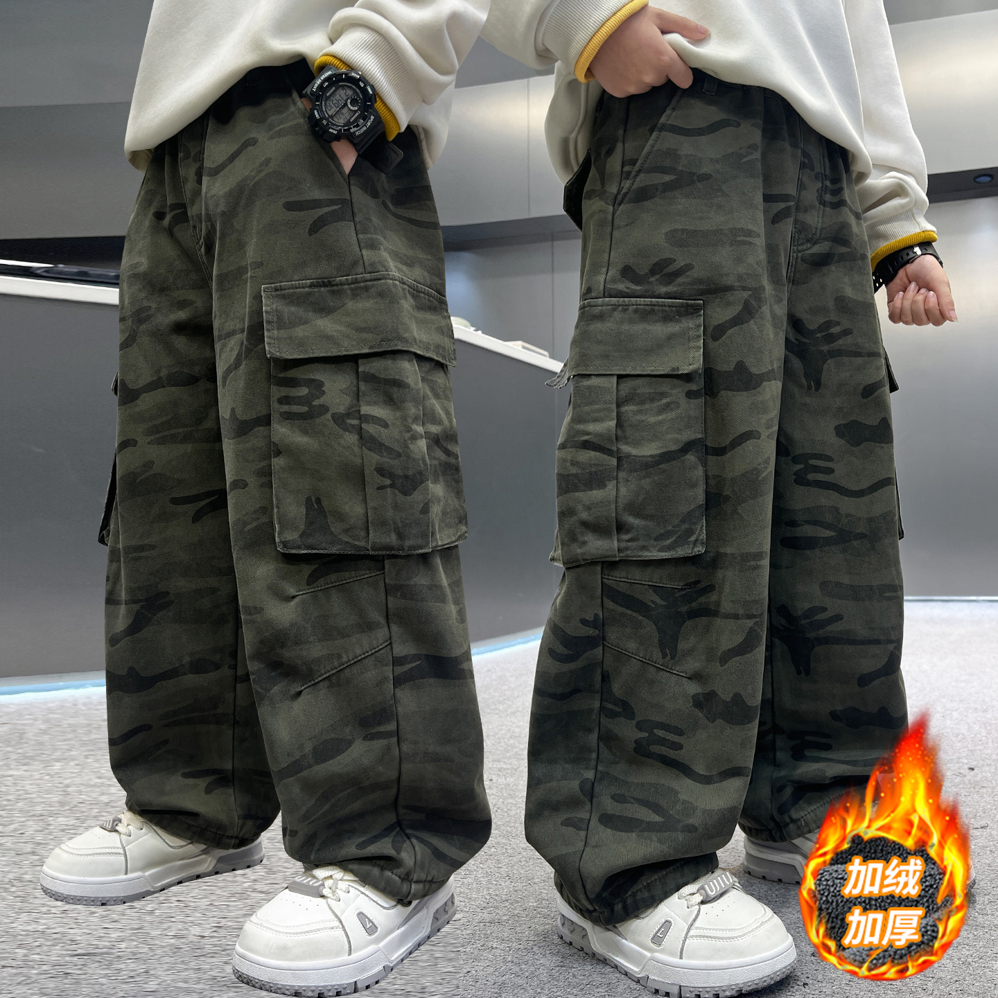 男童裤子春秋款2025新款中大儿童秋季迷彩工装裤男孩炸街痞帅长裤