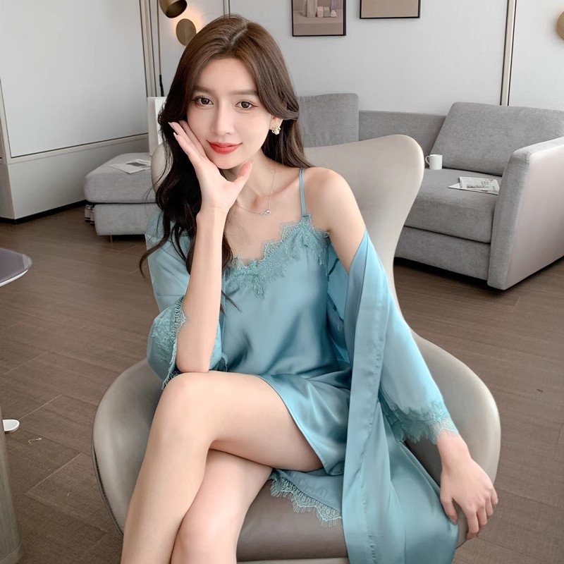 品牌春款女士性感真丝睡衣女夏冰丝绸吊带裙睡袍浴袍两件套家居服