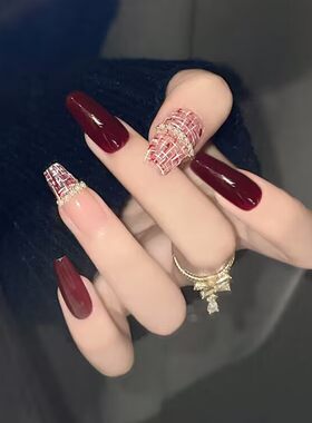 假指甲贴片红珠小香长T穿戴美甲
