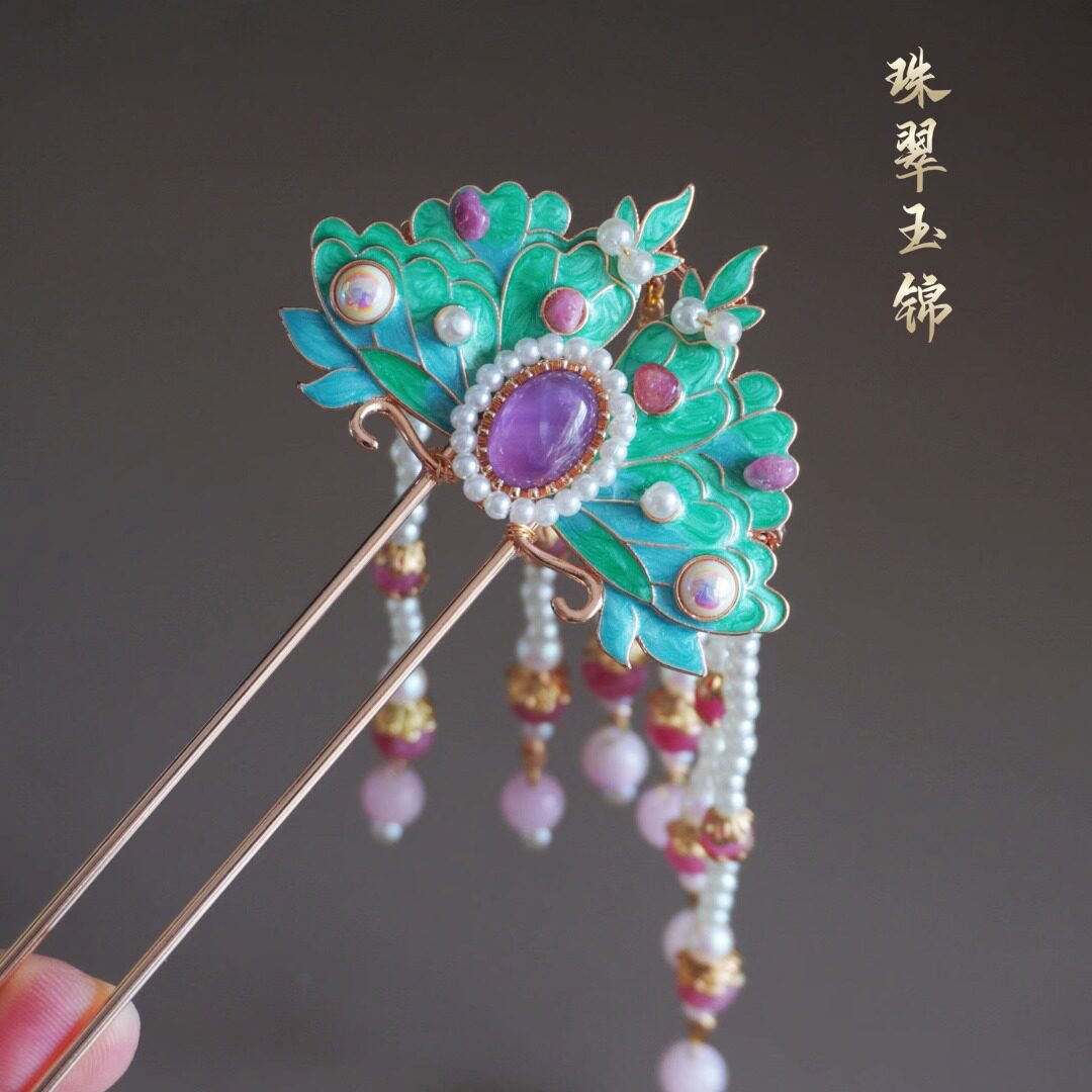 珠翠玉锦-玉腰奴-紫水晶烧蓝发簪古风粉碧玺蝴蝶流苏发钗旗袍头饰图片