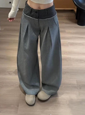 175高个子超长180美式复古格子拼接灰色阔腿裤女慵懒风弯刀休闲裤