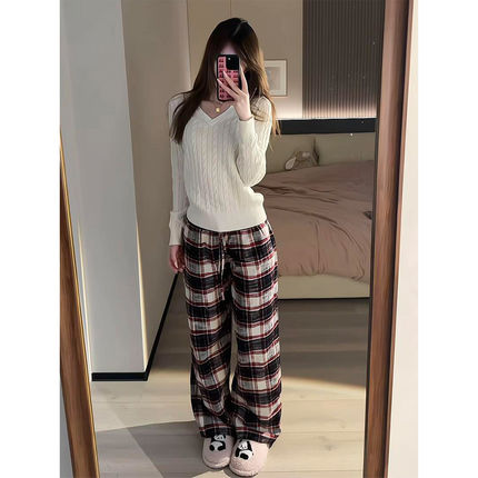 175高个子超长美式复古格子阔腿裤女高腰宽松慵懒磨毛直筒休闲裤