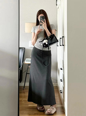 高个子加长深灰色莫代尔半身裙女夏季高腰a字裙气质中长款包臀裙