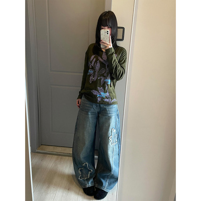 高个子加长星星布贴弯刀牛仔裤