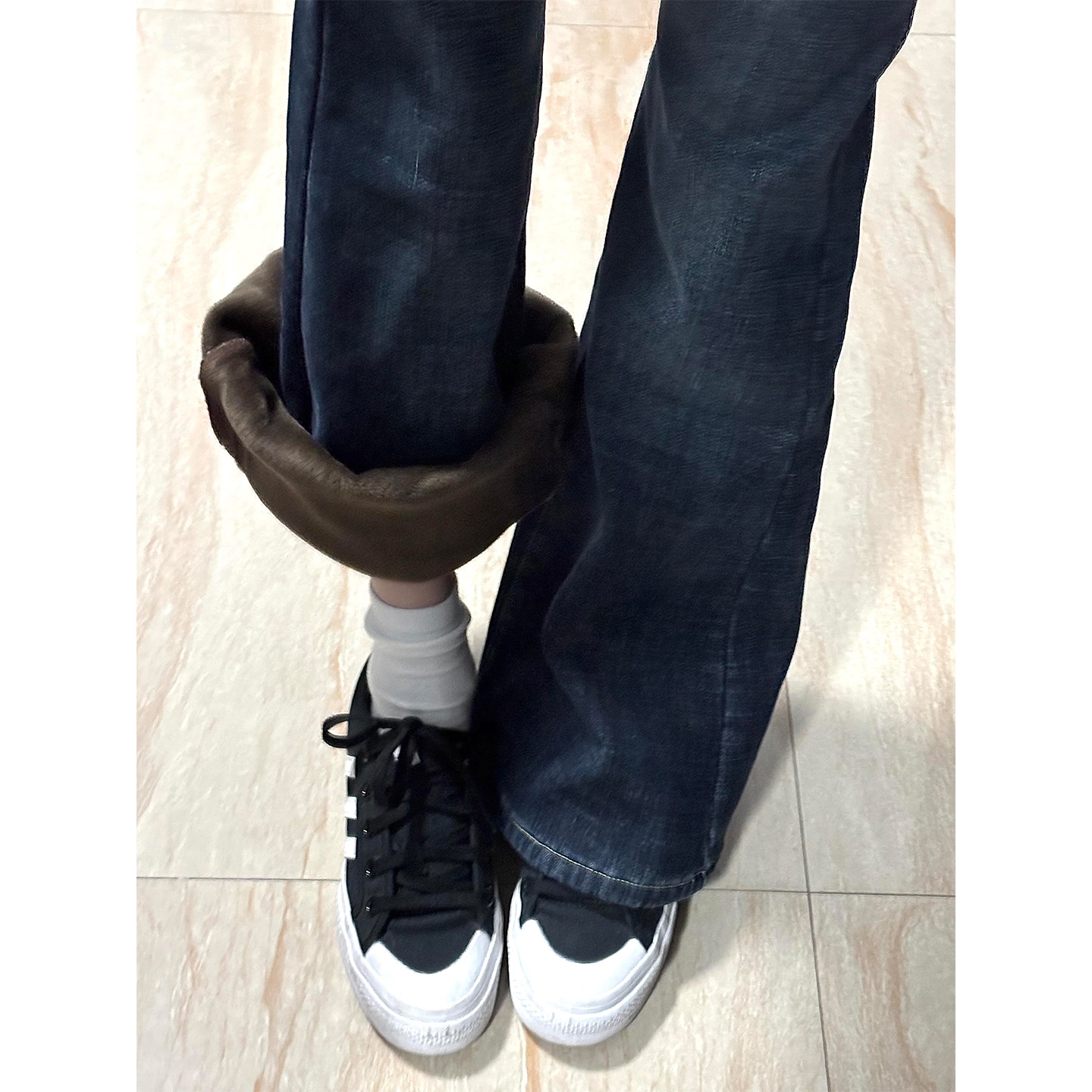 加长低腰加绒复古微喇牛仔裤女