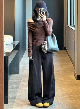 美式复古老钱风中性条纹休闲直筒裤女灰色春季中腰显瘦拖地阔腿裤